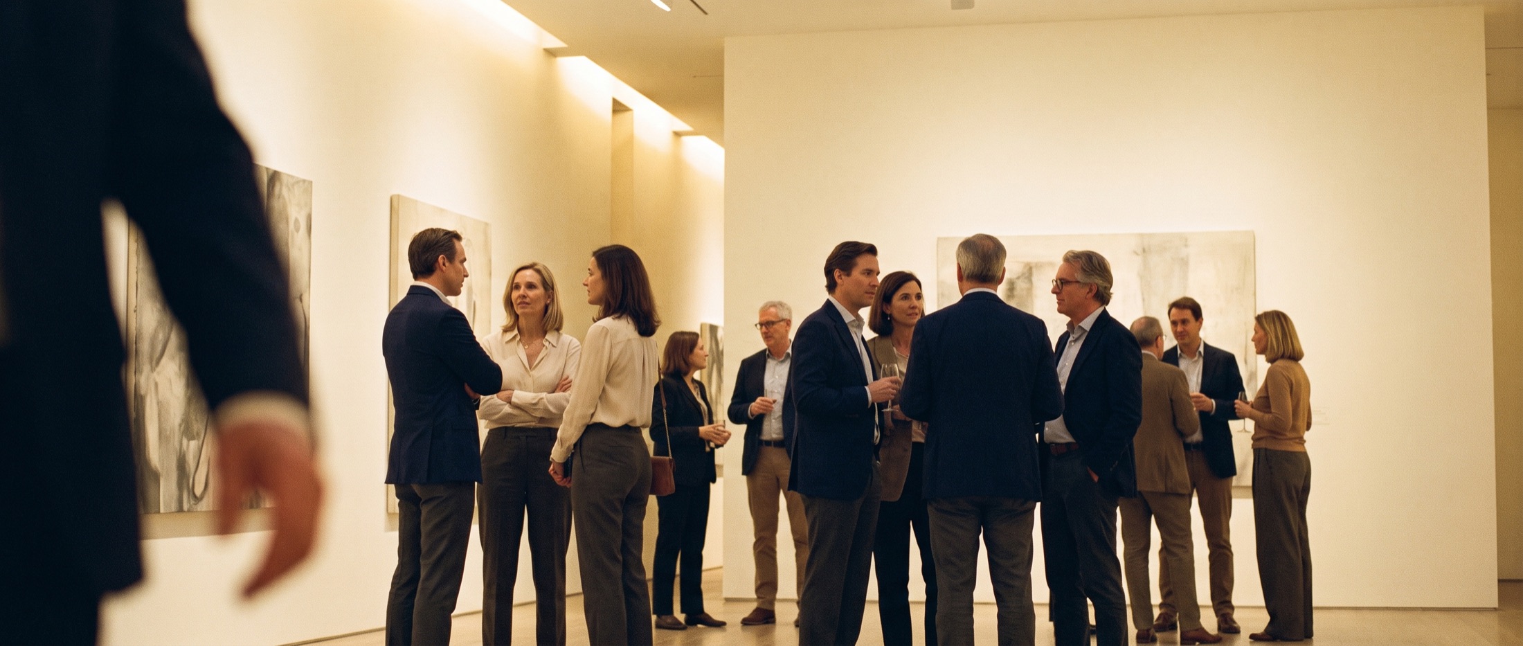 Guests in conversation at a private gallery reception