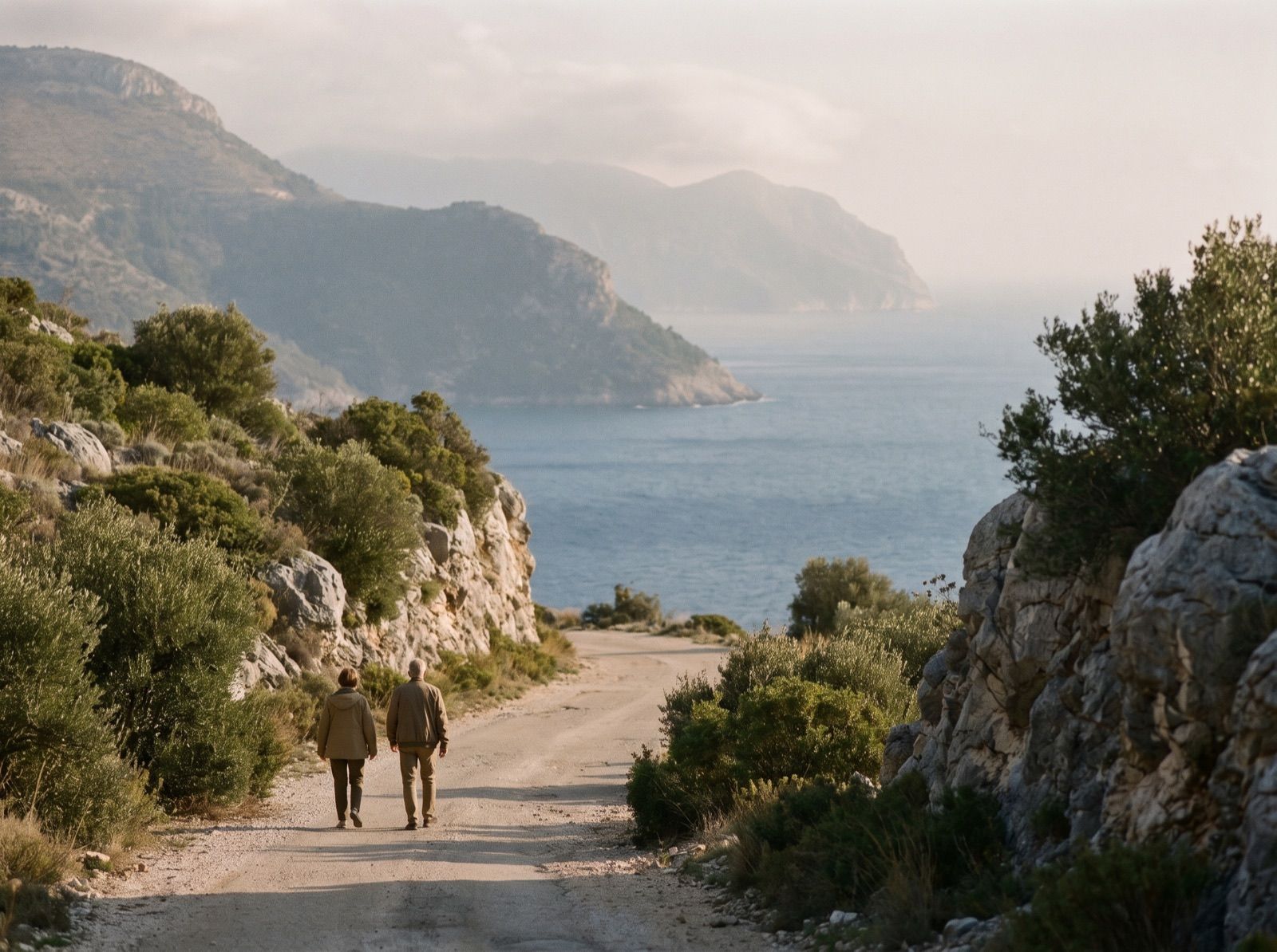Two people walking a coastal road above the Adriatic
